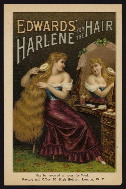 Girl brushing her long blonde hair; Edwards Harlene for the Hair (chromolitho) بواسطة مدرسة اللغة الإنجليزية
