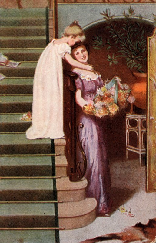 Girl embracing mother (colour litho) بواسطة مدرسة اللغة الإنجليزية