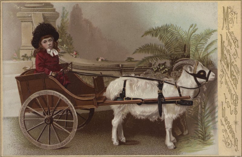 Girl in a goat cart, New Years greetings card (chromolitho) بواسطة مدرسة اللغة الإنجليزية