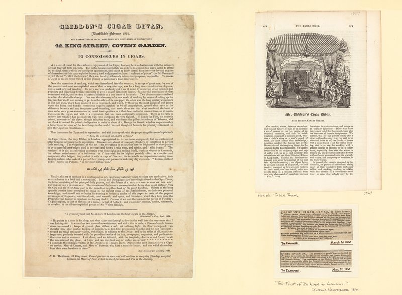Gliddons Cigar Divan ، تم تأسيسه في فبراير 1825 بواسطة مدرسة اللغة الإنجليزية