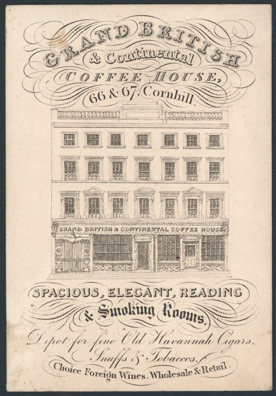 Grand Coffee and Continental Coffee House ، 66 و 67 Cornhill ، بطاقة تجارية بواسطة مدرسة اللغة الإنجليزية