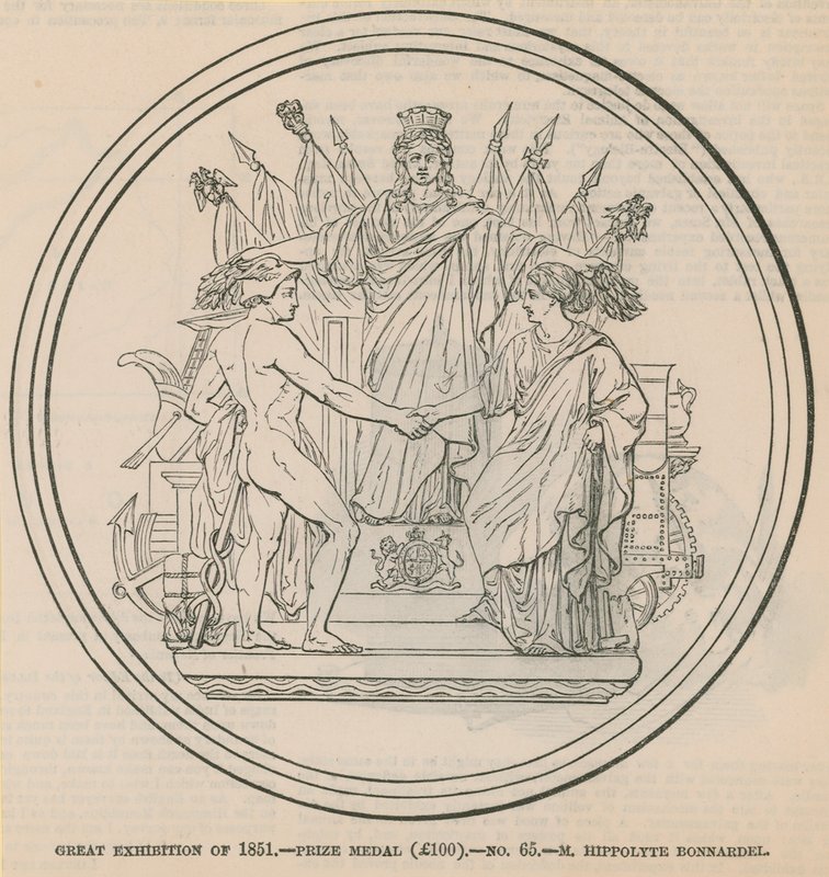 المعرض الكبير لعام 1851 - ميدالية الجائزة (100 جنيه إسترليني) ، مُنح إلى M Hippolyte Bonnardel بواسطة مدرسة اللغة الإنجليزية