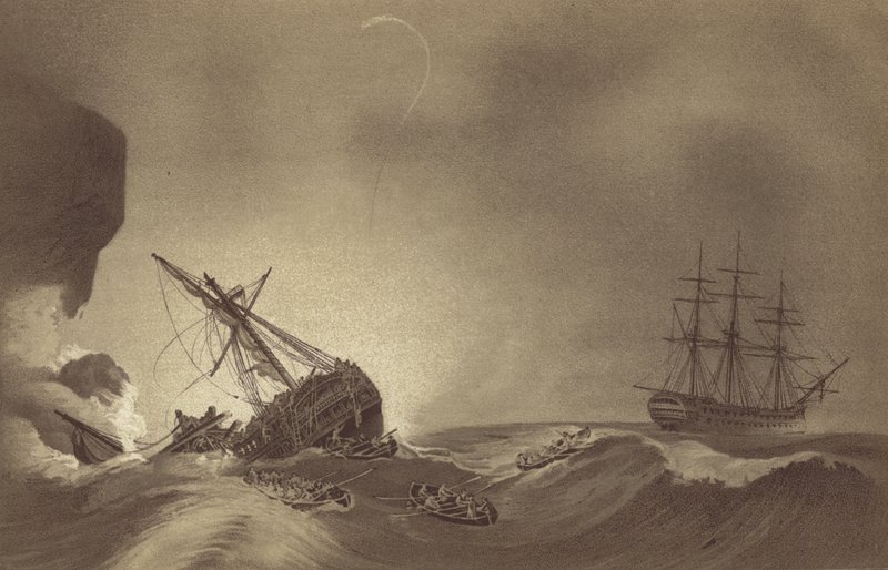 HMS Impetueux ، بقيادة الكابتن توماس بيام مارتن ، لإنقاذ طاقم HMS Venerable ، تحت قيادة الكابتن J Hunter ، تحطمت في تورباي ، ديفون ، 24 نوفمبر 1804 (ليثو) بواسطة مدرسة اللغة الإنجليزية
