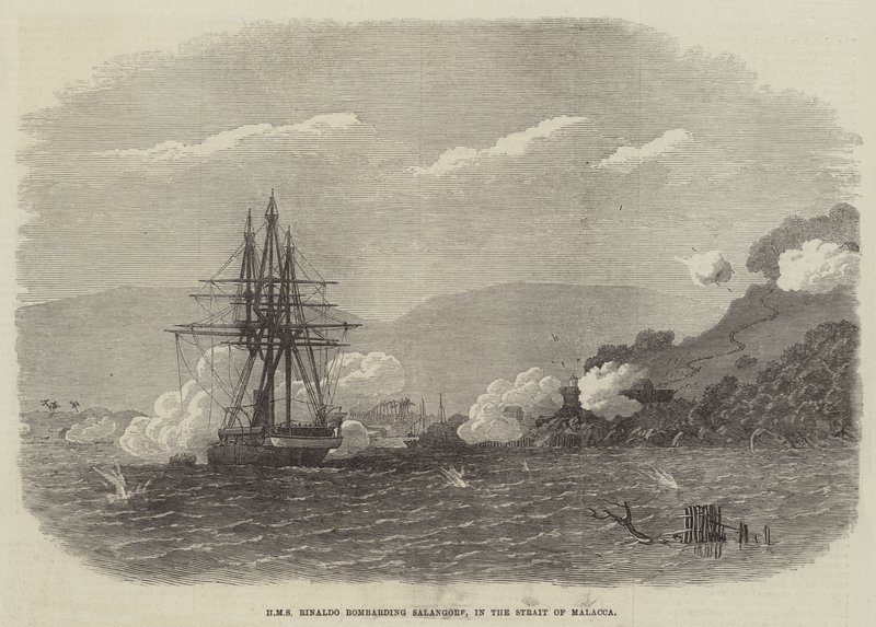 HMS Rinaldo تقصف سالانجور ، في مضيق ملقا (نقش) بواسطة مدرسة اللغة الإنجليزية