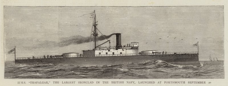 تم إطلاق HMS "Trafalgar" ، أكبر سفينة حربية في البحرية البريطانية ، في بورتسموث في 20 سبتمبر (نقش) بواسطة مدرسة اللغة الإنجليزية