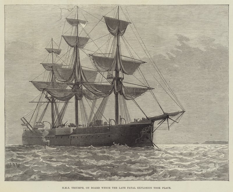 HMS Triumph ، على متن السفينة التي وقع فيها الانفجار القاتل المتأخر (نقش) بواسطة مدرسة اللغة الإنجليزية