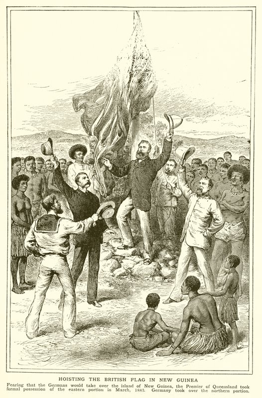 جلالة تشيستر ، قاضي كوينزلاند في رفع العلم البريطاني في غينيا الجديدة ، مارس 1883 بواسطة مدرسة اللغة الإنجليزية