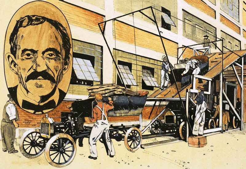 هنري فورد وأول خط إنتاج له عام 1908 بواسطة مدرسة اللغة الإنجليزية