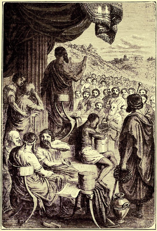 هيرودوت يقرأ تاريخه في مهرجان عام ، رسم توضيحي من تاريخ العالم المصور ، تم نشره عام 1880 (صورة محسنة رقميًا) بواسطة مدرسة اللغة الإنجليزية