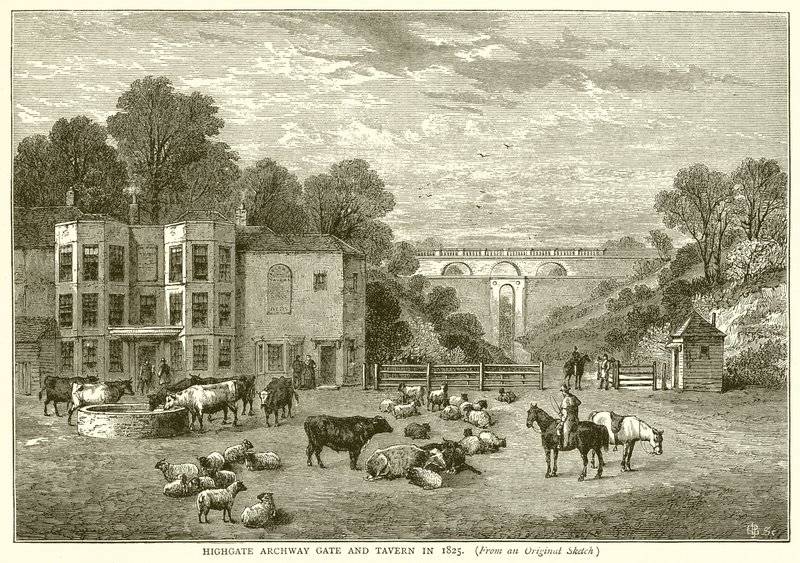 Highgate Archway Gate and Tavern في عام 1825 بواسطة مدرسة اللغة الإنجليزية