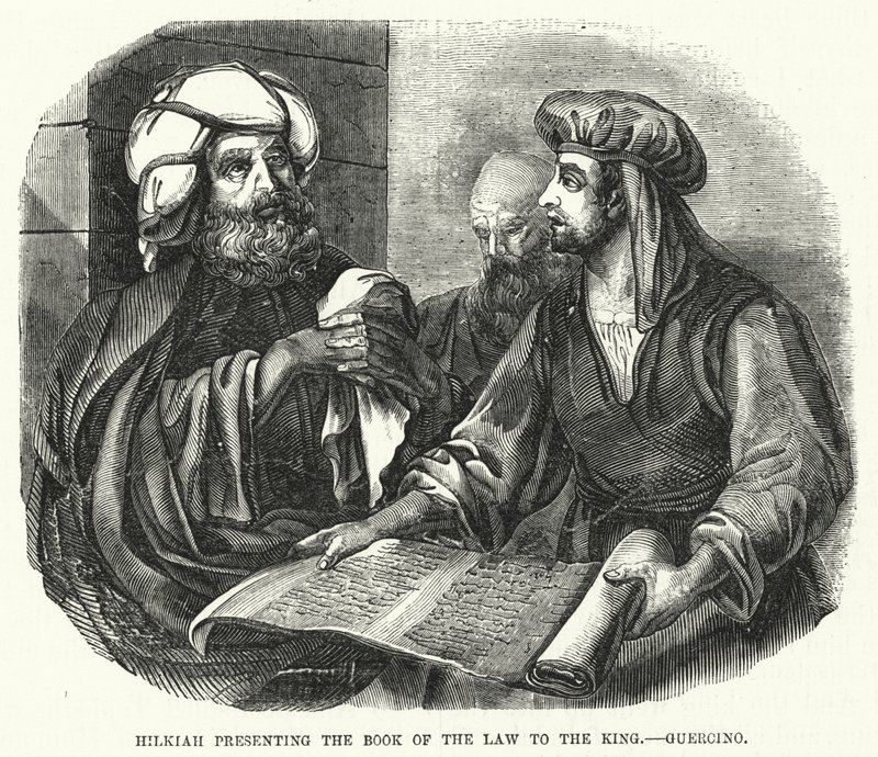 حلقيا يقدم كتاب الشريعة للملك جرسينو (نقش) بواسطة مدرسة اللغة الإنجليزية