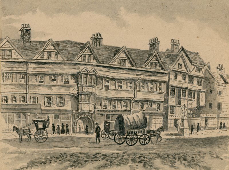 مواصلات تجرها الخيول تمر أمام Staple Inn (مرحاض على ورق) بواسطة مدرسة اللغة الإنجليزية