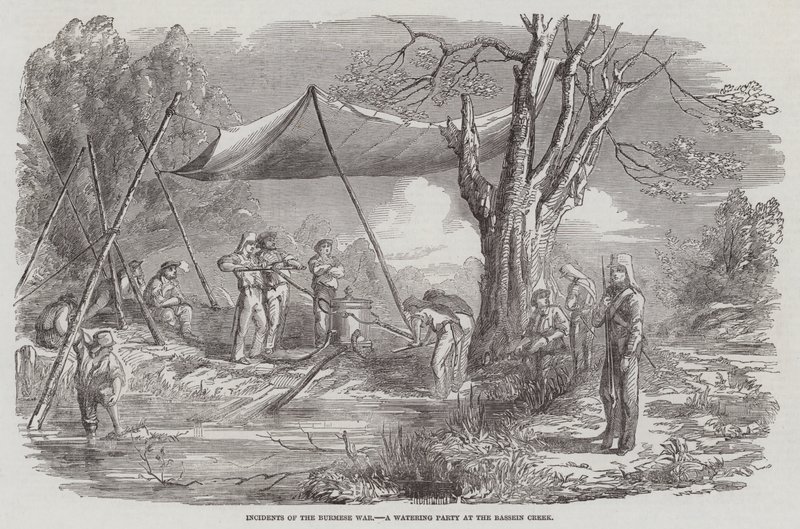Incidents of the Burmese War, a Watering Party at the Bassein Creek (engraving) بواسطة مدرسة اللغة الإنجليزية