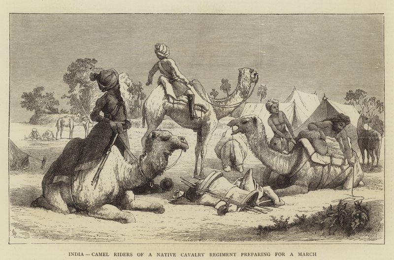 India, Camel Riders of a Native Cavalry Regiment preparing for a March (engraving) بواسطة مدرسة اللغة الإنجليزية