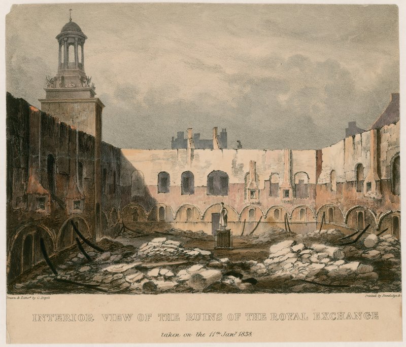 منظر داخلي لأنقاض البورصة الملكية ، لندن ، تم التقاطه في 11 يناير 1838 بواسطة مدرسة اللغة الإنجليزية