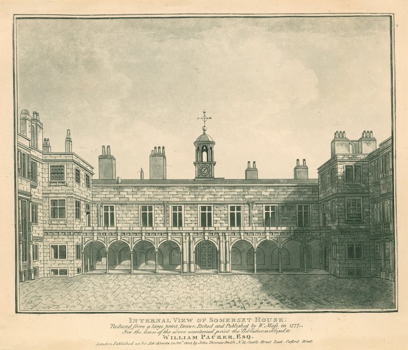 المنظر الداخلي سومرست هاوس ، ستراند ، لندن ؛ بناء على طباعة رسمها W Moss عام 1777 بواسطة مدرسة اللغة الإنجليزية