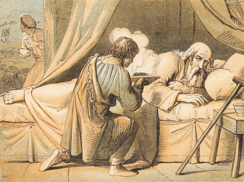 يعقوب يخدع أبيه إسحاق (نقش ملون) بواسطة مدرسة اللغة الإنجليزية
