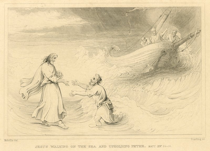 Jesus walking on the sea and upholding Peter, Matthew XIV, 24-33 (engraving) بواسطة مدرسة اللغة الإنجليزية