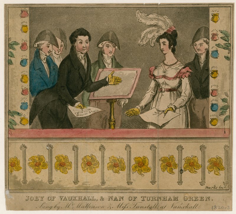 جوي من Vauxhall و Nan of Turnham Green ، تغني بها السيد Mattiason و Miss Turnstall في حدائق Vauxhall بواسطة مدرسة اللغة الإنجليزية