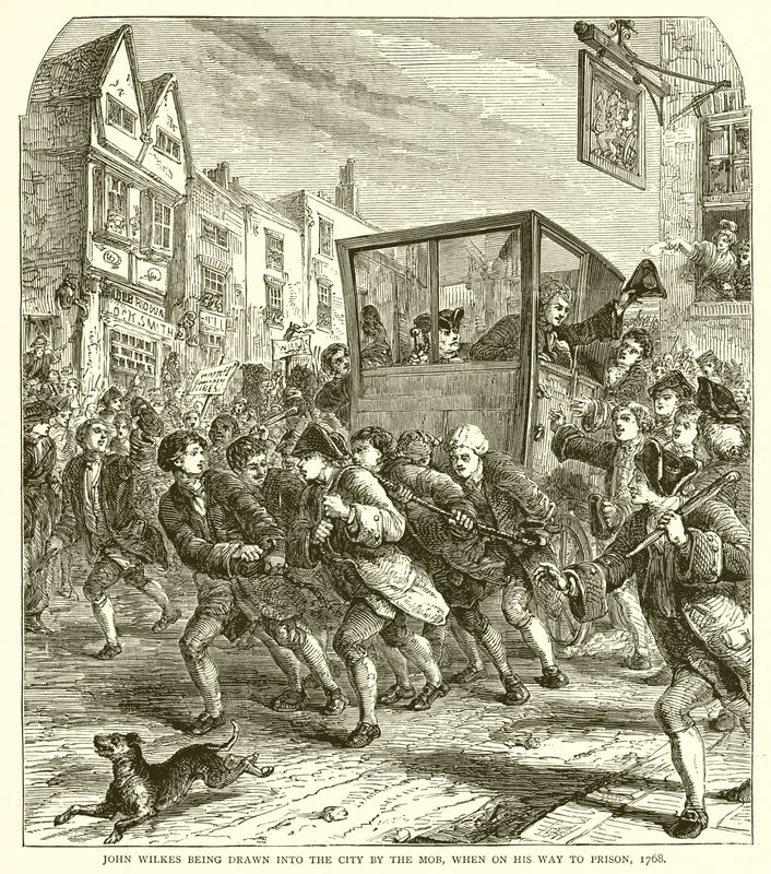 تم جذب جون ويلكس إلى المدينة من قبل الغوغاء ، عندما كان في طريقه إلى السجن ، 1768 بواسطة مدرسة اللغة الإنجليزية