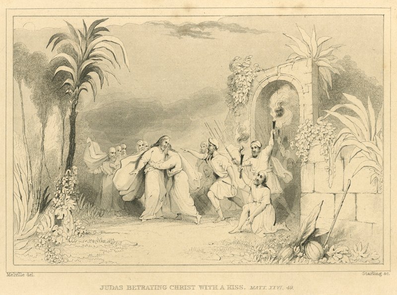 Judas betraying Christ with a kiss, Matthew XXVI, 49 (engraving) بواسطة مدرسة اللغة الإنجليزية