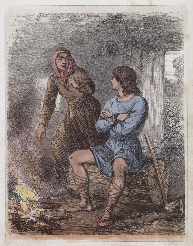 الملك ألفريد في كوخ كاورد (نقش ملون) بواسطة مدرسة اللغة الإنجليزية