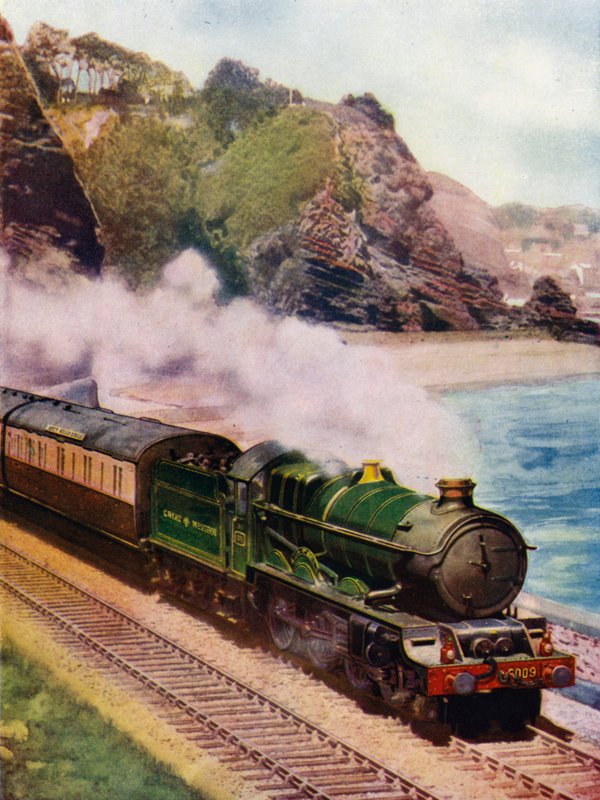 King Charles II ، Great Western Railway (GWR) قاطرة بخارية من الدرجة الملكية 4-6-0 ، تنقل قطار كورنيش ريفييرا السريع على طول الساحل بين Dawlish و Teignmouth ، ديفون (لون ليثو) بواسطة مدرسة اللغة الإنجليزية