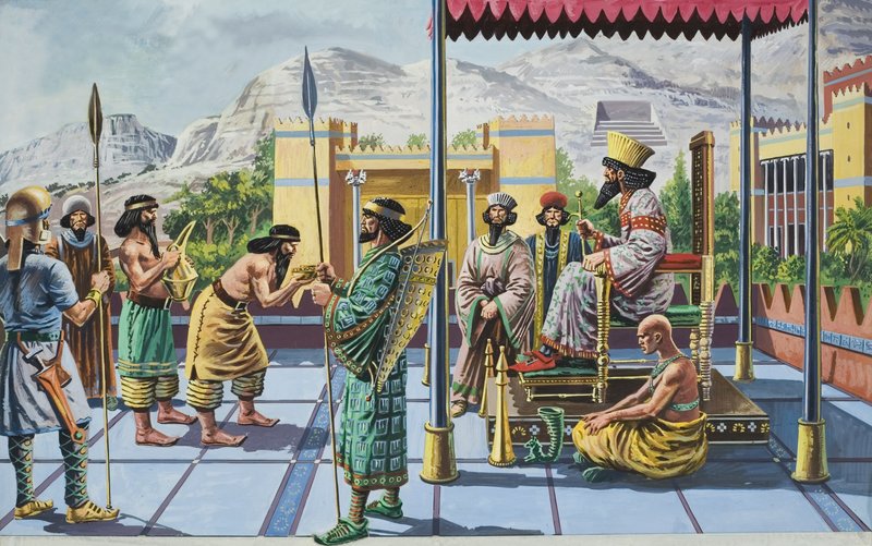 الملك داريوس الأول (حوالي 550-486 ق.م) يتلقى الهدايا في أحد قصوره (غواش على ورق) بواسطة مدرسة اللغة الإنجليزية