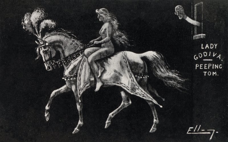 Lady Godiva riding naked on horseback through the streets of Coventry, watched by a Peeping Tom (litho) بواسطة مدرسة اللغة الإنجليزية
