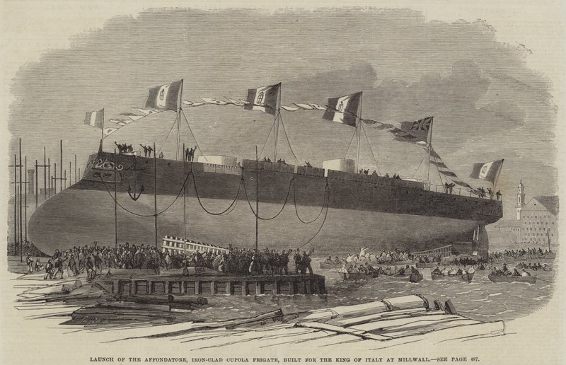 إطلاق الفرقاطة Affondatore ، قبة حديدية مغلفة بالحديد ، بنيت لملك إيطاليا في ميلوال ، 1865 بواسطة مدرسة اللغة الإنجليزية