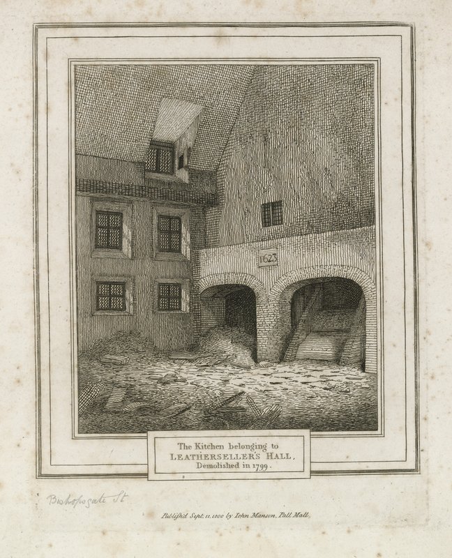 قاعة Leathersellers ، شارع Bishopsgate. هدمت 1799 بواسطة مدرسة اللغة الإنجليزية