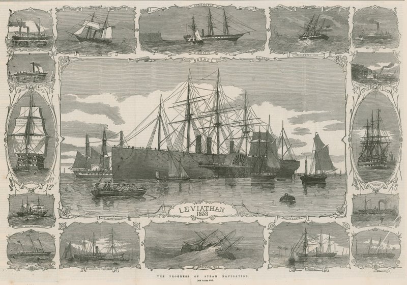 Leviathan 1858 ؛ مونتاج الصور تظهر تقدم التنقل بالبخار بواسطة مدرسة اللغة الإنجليزية
