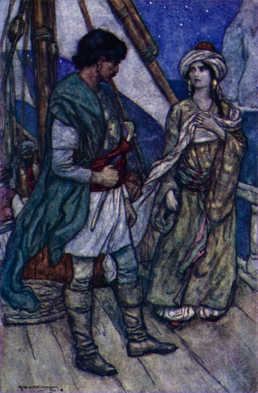 Lord Byron, Conrad And Gulnare (colour litho) بواسطة مدرسة اللغة الإنجليزية