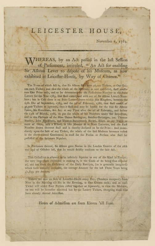 يانصيب للتخلص من متحف السير أشتون ليفرز ، 1784 بواسطة مدرسة اللغة الإنجليزية