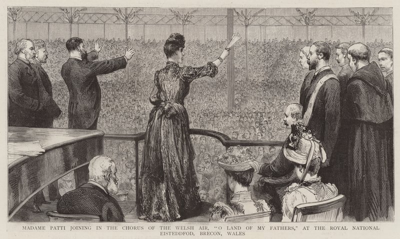 Madame Patti joining in the Chorus of the Welsh Air, "O Land of My Fathers", at the Royal National Eisteddfod, Brecon, Wales (engraving) بواسطة مدرسة اللغة الإنجليزية