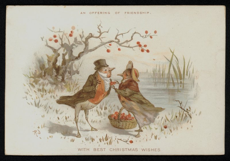 Male and female robins in costume. Christmas greetings card. (chromolitho) بواسطة مدرسة اللغة الإنجليزية