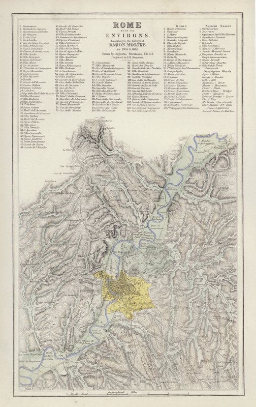 Map: Rome, with its Environs, according to the Survey of Baron Moltke, in 1845 and 1846, drawn by Augustus Petermann (colour litho) بواسطة مدرسة اللغة الإنجليزية