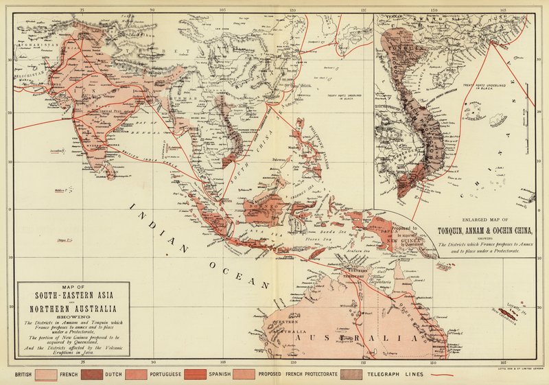 Map of South-Eastern Asia and Northern Australia; Enlarged Map of Tonquin, Annam and Cochhin China (colour litho) بواسطة مدرسة اللغة الإنجليزية