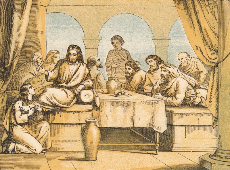 Mary anointing the feet of Jesus (coloured engraving) بواسطة مدرسة اللغة الإنجليزية