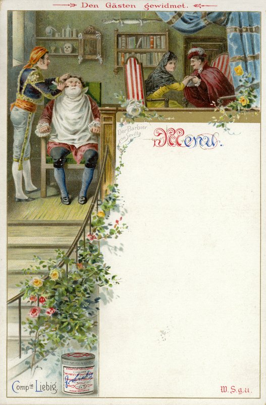 قائمة بمشهد من The Barber of Seville وإعلان عن Liebigs Extract of Meat بواسطة مدرسة اللغة الإنجليزية