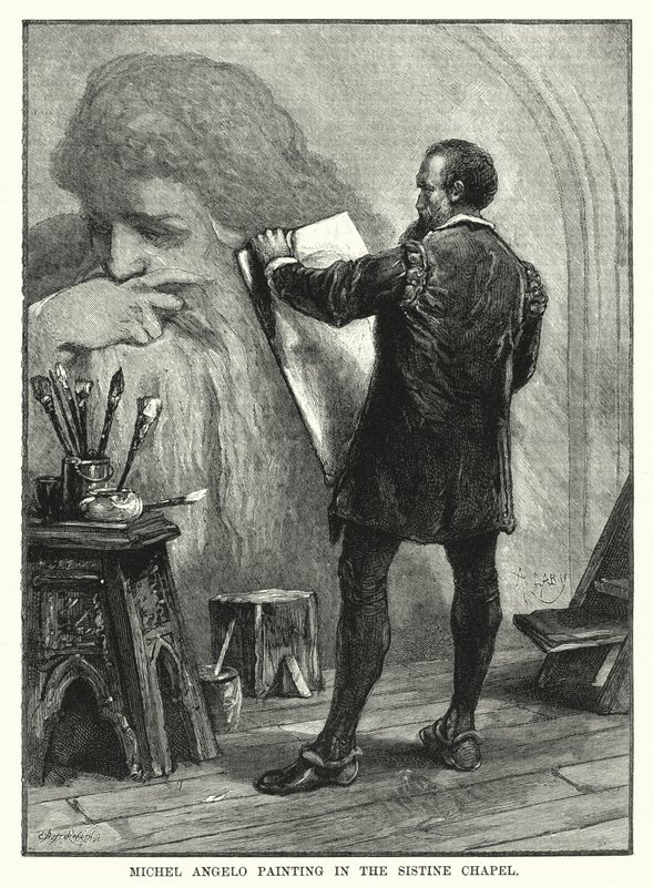 Michel Angelo painting in the Sistine Chapel (engraving) بواسطة مدرسة اللغة الإنجليزية