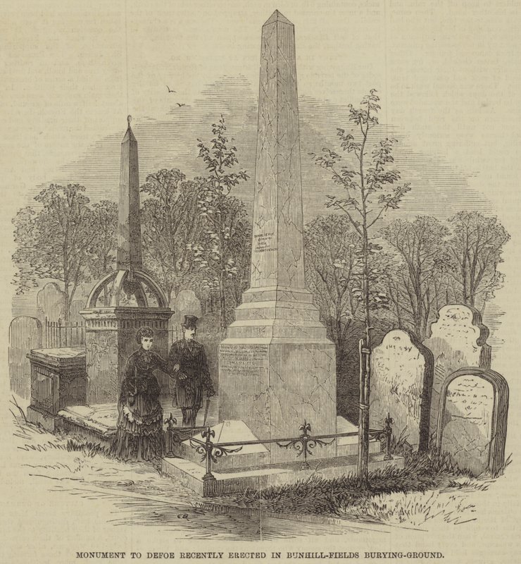 نصب تذكاري لـ Defoe أقيم مؤخرًا في Bunhill-Fields Burying-Ground (نقش) بواسطة مدرسة اللغة الإنجليزية