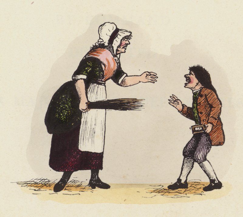 الأم ، أو سيدة المدرسة ، تأديب صبي يحمل كتاب بوق (نقش ملون) بواسطة مدرسة اللغة الإنجليزية
