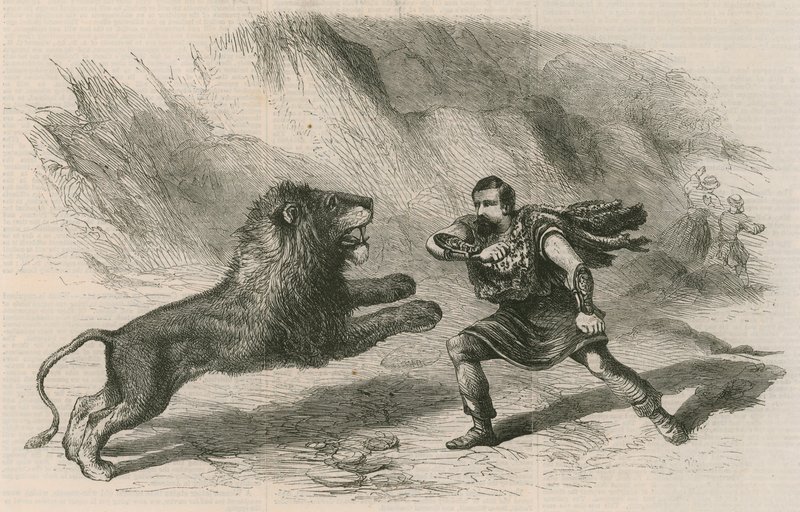 السيد كروكيت ، تامر الأسد ، يؤدي مع أسوده في مسرح Astleys ، لندن بواسطة مدرسة اللغة الإنجليزية
