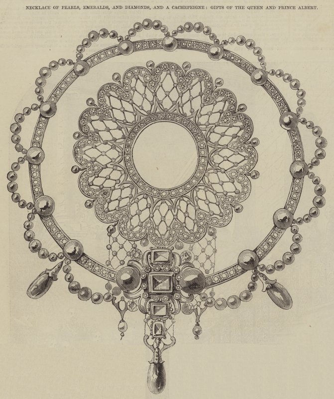 Necklace of Pearls, Emeralds, and Diamonds, and a Cachepeigne, Gifts of the Queen and Prince Albert (engraving) بواسطة مدرسة اللغة الإنجليزية