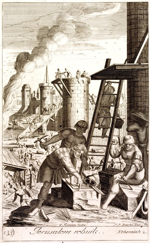 Nehemiah rebuilding the walls of Jerusalem (engraving) بواسطة مدرسة اللغة الإنجليزية