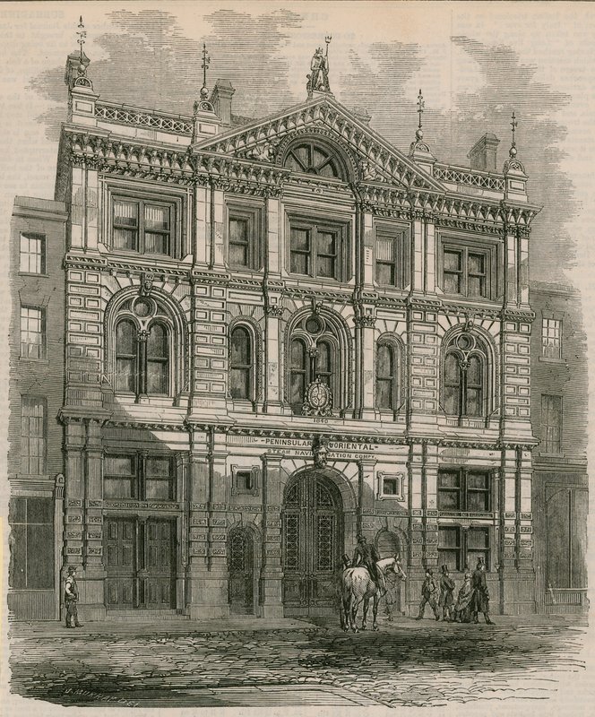 المكاتب التي تم إنشاؤها حديثًا لشركة Peninsular و Oriental Steam Navigation Company ، شارع Leadenhall ، لندن بواسطة مدرسة اللغة الإنجليزية