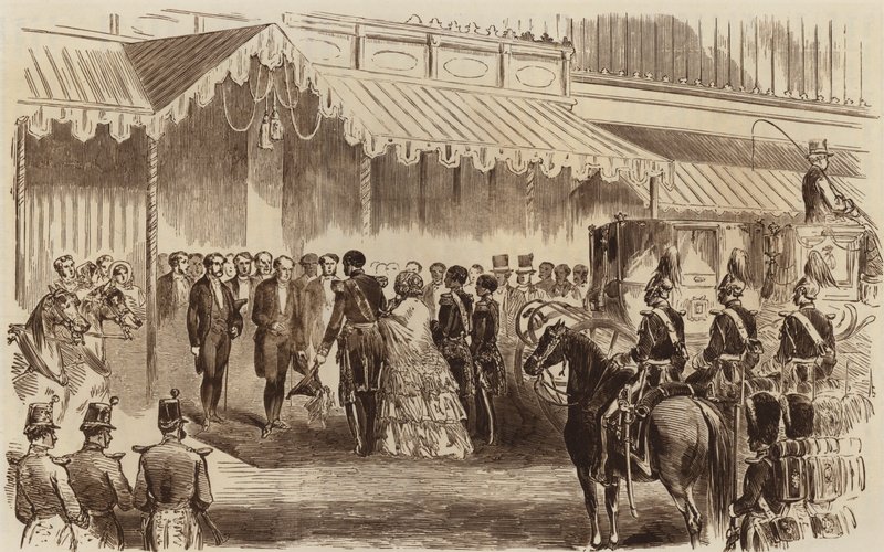 افتتاح كريستال بالاس ، وصول جلالة الملكة 1854 م بواسطة مدرسة اللغة الإنجليزية