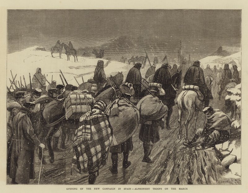Opening of the New Campaign in Spain, Alphonsist Troops on the March (engraving) بواسطة مدرسة اللغة الإنجليزية