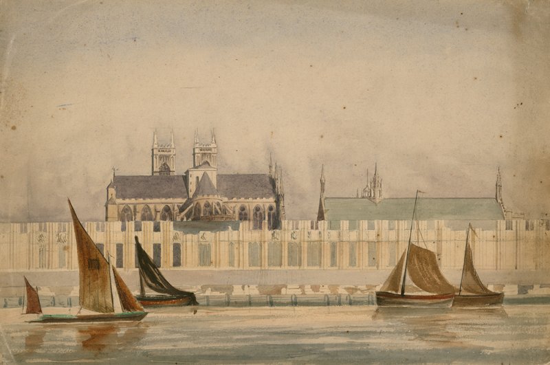 رسم مائي أصلي لمجلسي البرلمان يجري بناؤه حوالي عام 1842 (مرحاض على ورق) بواسطة مدرسة اللغة الإنجليزية